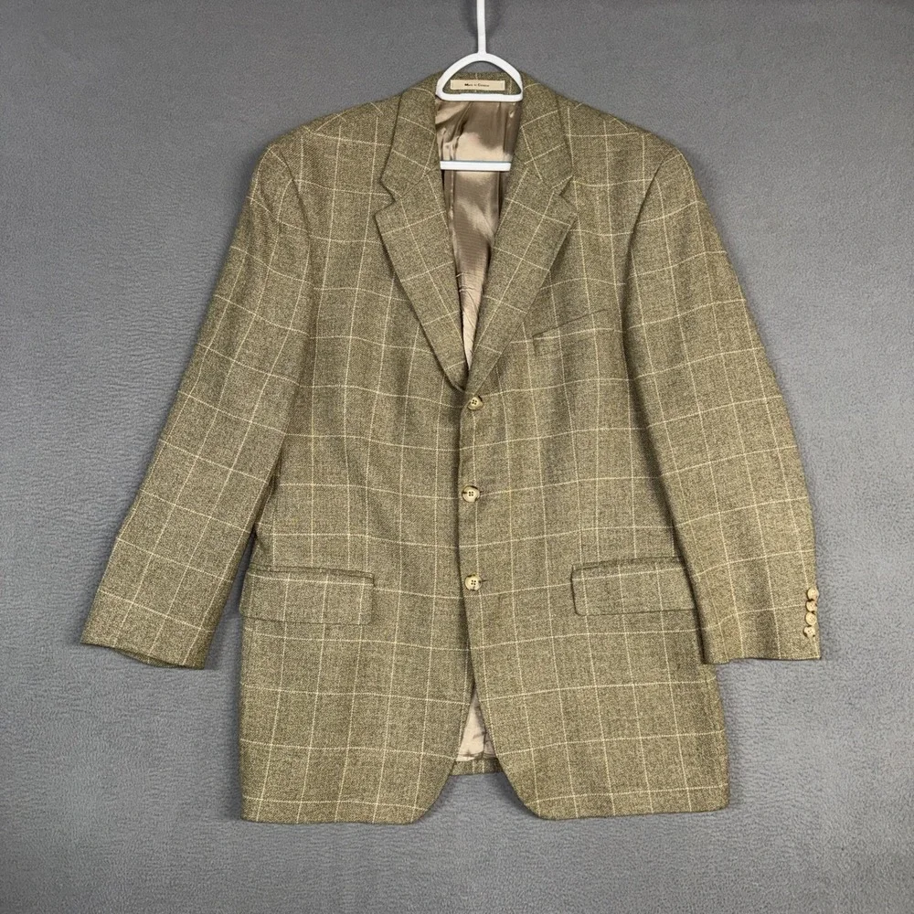 Ralph Ralph Lauren Blazer Mens 46 Tan Heathered Window Check Wool Silk Linen VTG